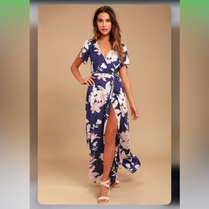 LULU’S Azalea Regalia Navy Blue Floral Print Wrap Maxi Dress